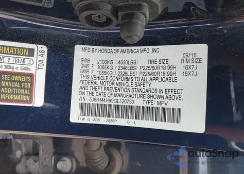 2016 Honda Cr-V Touring z USA, uszkodzony, nr VIN 5J6RM4H99GL120730